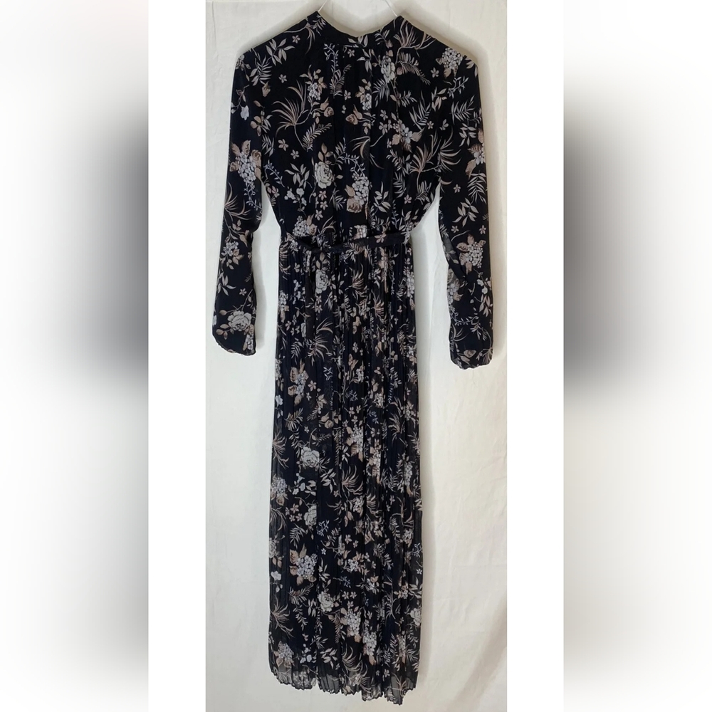 Burun High Neck L/S Belted Floral Pleated Maxi Dress, Eu 46 (US 14), Black